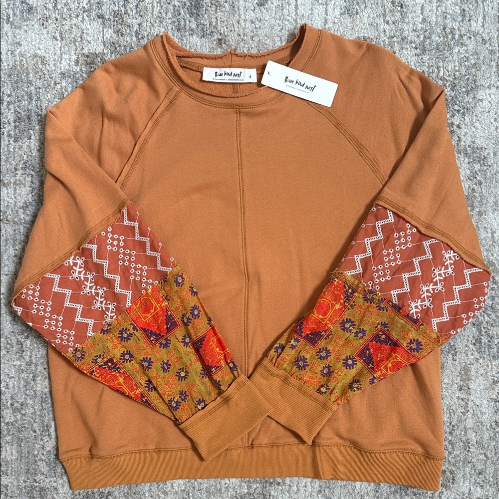 Three Bird Nest Burnt Orange Patchwork Sweater New with tags